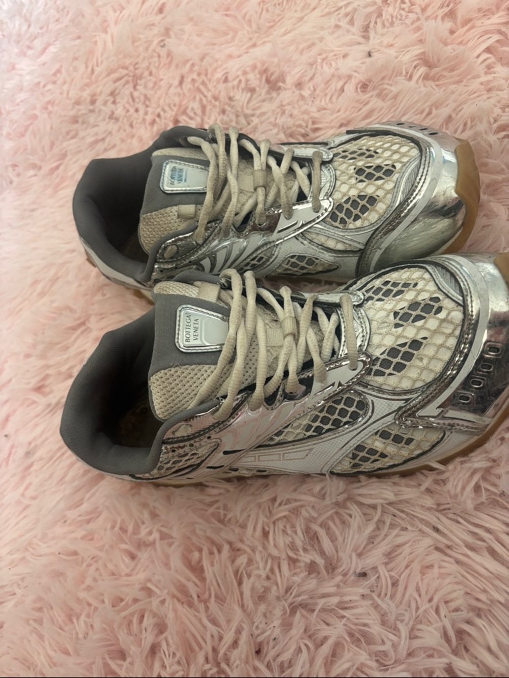 Bottega Veneta Women’s Metallic Silver and Beige Mesh Sneakers